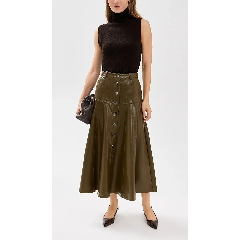 Cinq À Sept Veena Skirt a-line Midi Button Olive  Green Vegan Leather  6 Worn 1x